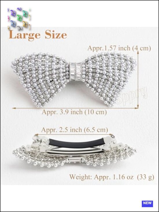 Vintage Pearl Rhinestone Bow Hair Barrette with Cubic Zirconias, Adjustable for main image 4
